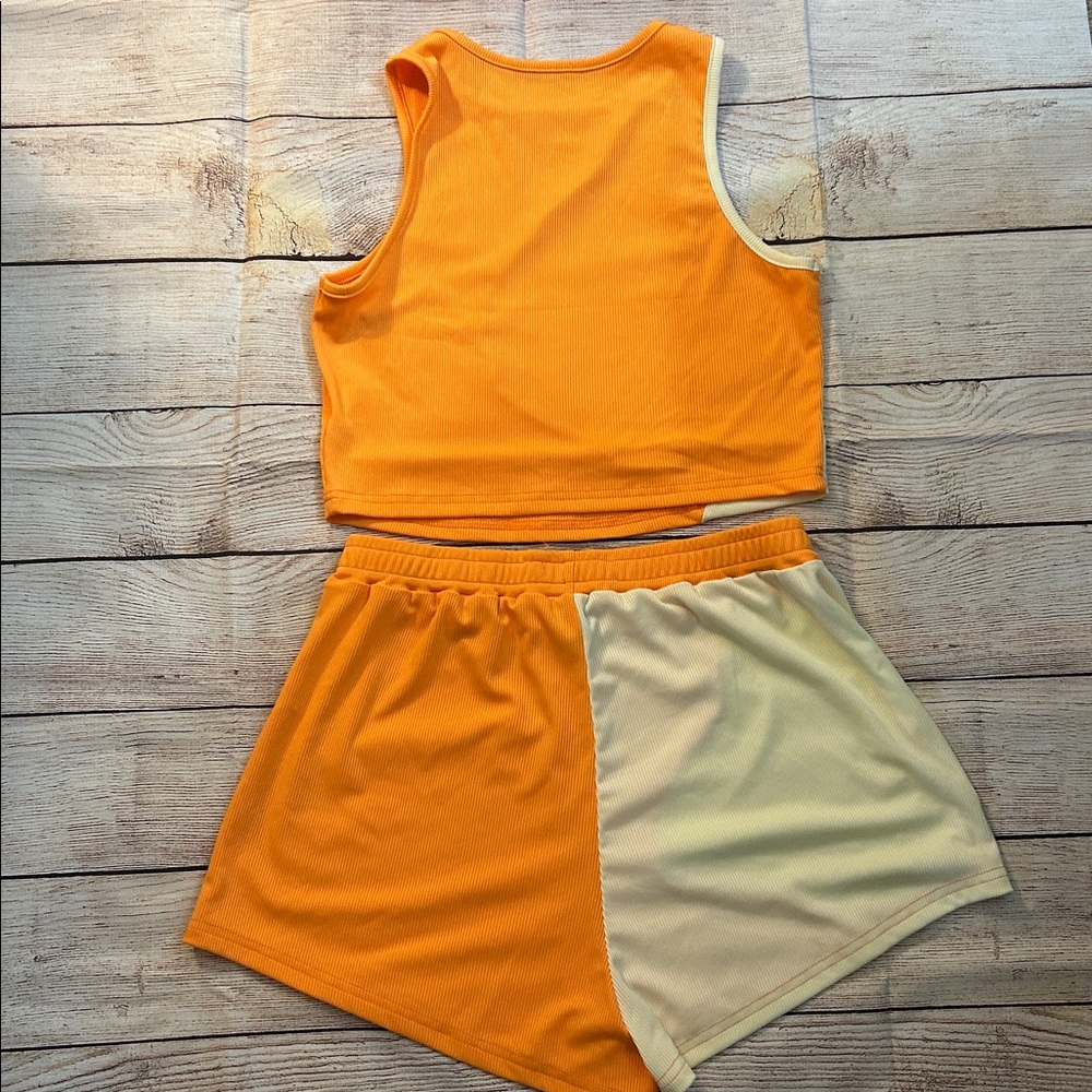 SHEIN Orange & Cream Ribbed Athletic Short and Tank Set - Picture 3 of 4